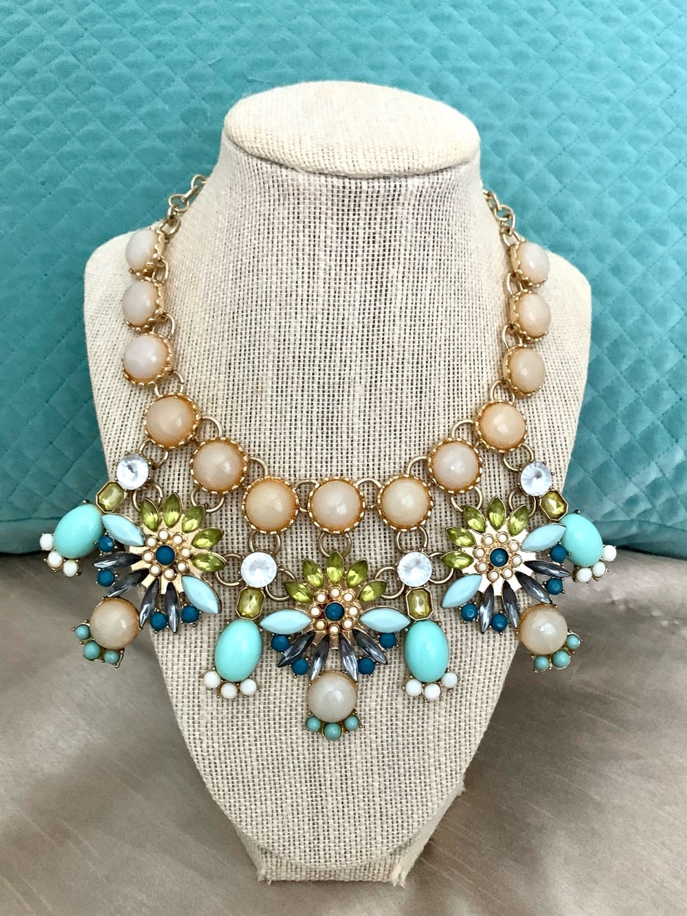 Statement Flower Bib Chunky Necklace in Turquoise and Beige